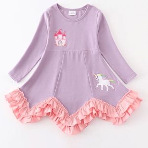 Honeydew Purple castle applique unicorn twirl dress